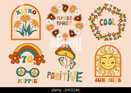 Retro 70s Schriftzug und Rahmen für Ihr Design. Hippie groovige psychedelische Designelemente. Vektorgrafik Stock Vektor