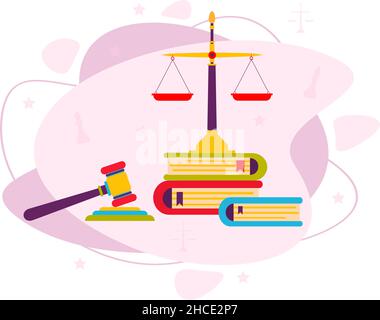 Das Konzept von Recht und Justiz Hammer Bücher und Waagen. Stock Vektor