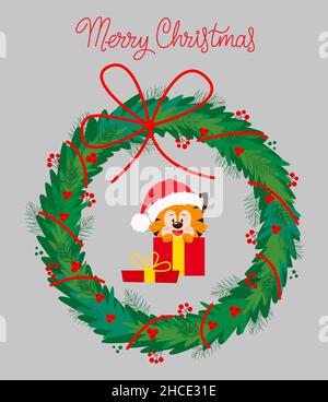 Niedliche Cartoon Tiger in einem Hut. Weihnachtskarte. Stock Vektor