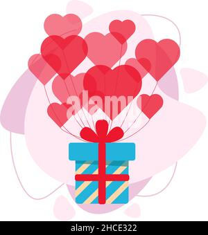 Luftballons Herzen. Eine Geschenkbox fliegt auf Ballons. Stock Vektor