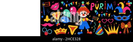 Happy Purim Karnevalsset lustige Kostümelemente, Ikonen für die Party. Purim jüdischen Urlaub Requisiten für Maskerade, Fotoshooting .Vektor Clip Art Stock Vektor