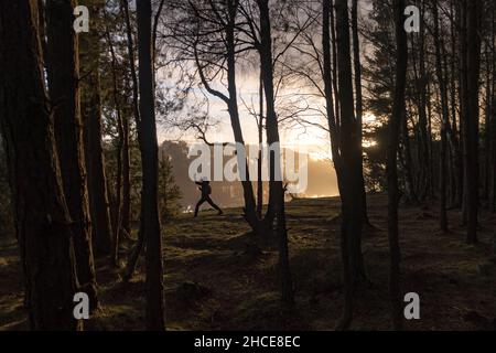 Eine Person, die im Winter in einem Wald am Fluss eines Sees bei Sonnenuntergang Übungen macht Stockfoto