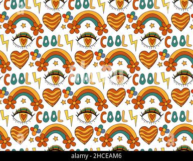 Nahtloses Retro-Regenbogen-Eye 70s-Muster. Hippie wiederholende Textur, Hintergrund. Vektorgrafik Stock Vektor