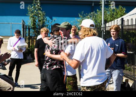 Woodbridge Suffolk UK Juni 22 2019: Eine gemeinnützige Community organisierte Skateboarding-Wettbewerb. Es gibt verschiedene Altersklassen, so dass jeder kann Stockfoto