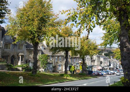 Anzeigen von Burford in den Cotswolds, zeigt die Cottages und die pollarded Linden am oberen Ende der High Street, Oxfordshire, England Stockfoto