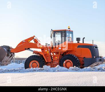 Großer orangefarbener Traktor reinigt Schnee von der Straße und lädt ihn in den LKW. Reinigung und Reinigung der Straßen in der Stadt vom Schnee im Winter Stockfoto