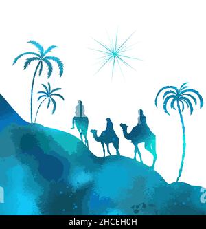 Weihnachtsstern. Magi auf Kamelen. Religiöse Aquarell-Karte. Vektorgrafik Stock Vektor