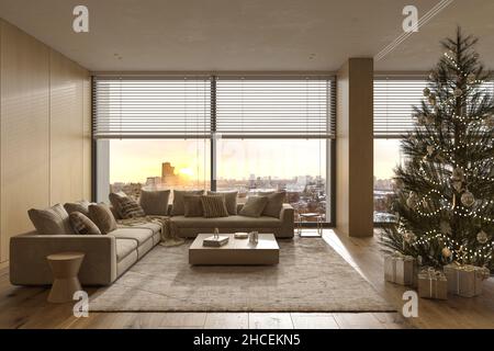 Weihnachtsbaum mit Spielzeug und Geschenke schmücken moderne Innenarchitektur Wohnzimmer. 3D Darstellung rendern. Stockfoto