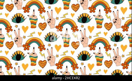 Nahtloses Retro-Regenbogen-Eye 70s-Muster. Hippie wiederholende Textur, Hintergrund. Vektorgrafik Stock Vektor