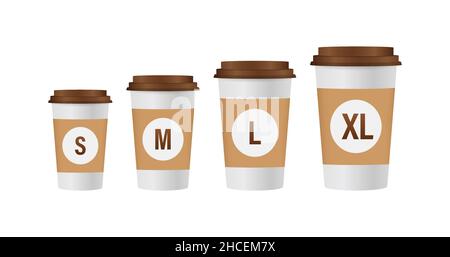 Flache Schablone mit Kaffeetassen in der Größe auf weißem Hintergrund für Papierdesign. Modup-Vorlage. Vektorgrafik für flache Linien. Stock Vektor