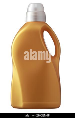 Braune Plastikflasche steht auf weißem Hintergrund. Conditioner oder flüssiges Pulver zum Waschen. Kapazität mit Platz zum Kopieren. Layout für Logo-Anwendung. Stockfoto