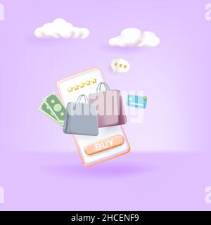 Online-Shopping auf Antrag und Website-Konzept. Handy mit Shopping-App. Stock Vektor