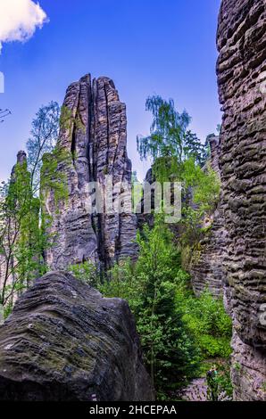 Böhmisches Paradies (Cesky Raj), Kralovehradecky kraj, Tschechische Republik: Bildung von Felstürmen in den Prachov-Felsen (Prachovske Skaly). Stockfoto