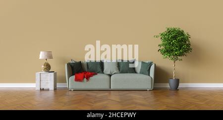 Sofa in einem Wohnzimmer auf einer braunen Wand mit Kopierplatz an der Wand für Leinwand Stockfoto