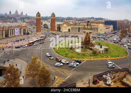 Panoramablick auf die Plaza España von Las Arenas, Barcelona, Katalonien, Spanien Stockfoto