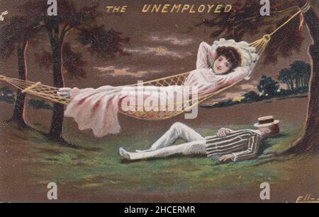 „die Arbeitslosen“: Bild von zwei gut gekleideten und gut zu verdienenden Menschen, die sich draußen entspannen - eine Frau liegt in einer Hängematte und ein Mann liegt auf dem Gras mit einem Strohboater über seinem Gesicht. Die Karikatur wurde vom Künstler William Henry Ellam (1858–1935) gezeichnet. Stockfoto