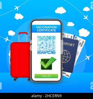 Impfpass auf dem Smartphone mit Koffer und Reisepass. Handybildschirm mit qr-Code und Passkontrolle geimpft. Gesundheitspass Stock Vektor