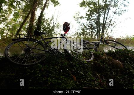 Die Fahrräder fielen mitten im Regen Stockfoto