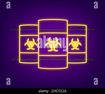 Fässer mit biologisch gefährlichen Abfällen, Neon-Symbol für radioaktiven Abfall auf dunklem Hintergrund. Vektorgrafik. Stock Vektor