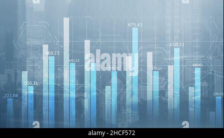 Universeller Hintergrund. Diagramme mit Zahlen auf dem Hintergrund der Stadt. Stockfoto