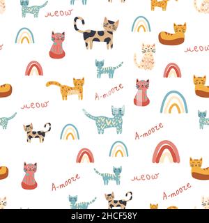 Nahtloses Kindermuster mit lustigen bunten Katzen und Regenbögen. Kreative skandinavische Kindertextur. Meow-Inschrift Stock Vektor