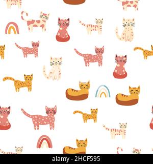 Nahtloses Kindermuster mit lustigen bunten Katzen und Regenbögen. Kreative skandinavische Kindertextur. Meow-Inschrift Stock Vektor