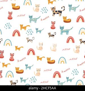 Nahtloses Kindermuster mit lustigen bunten Katzen und Regenbögen. Kreative skandinavische Kindertextur. Meow-Inschrift Stock Vektor