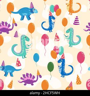 Nahtloses Muster mit niedlichen Dinosauriern. Dinosaurier feiern ihren Geburtstag mit Geschenken und Süßigkeiten. Nahtloses Muster mit niedlichen Dinosauriern Happy Birthday Stock Vektor