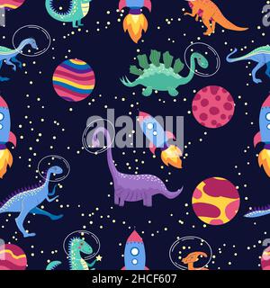 Dino im Raum nahtloses Muster. Niedliche Drachenfiguren, Dinosaurier reisen Galaxie mit Sternen, Planeten. Kinder Cartoon Hintergrund. Stock Vektor