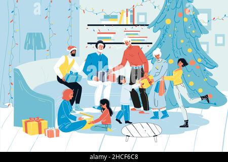 Glückliche Familie feiert frohe Weihnachten und Neujahr Stock Vektor