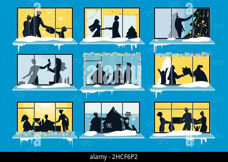 Happy People Silhouette feiert weihnachten im Fenster Stock Vektor