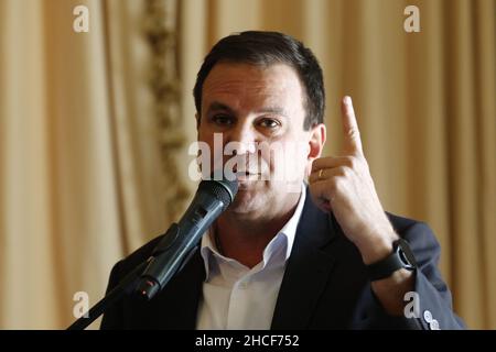 Eduardo Paes Bürgermeister der Stadt Rio de Janeiro, jährliche Pressekonferenz Rede Stockfoto