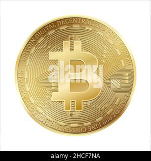 Realistisches 3D goldenes Bitcoin. Krypto-Währung Goldmünze Bitcoin-Symbol für Fintech-Netzwerk-Banking und Blockchain. Isolierte Vektor-Illustration auf wh Stock Vektor
