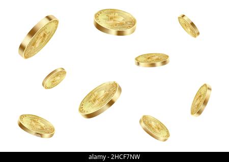 Bitcoin-Münzen fliegen isoliert auf weißem Hintergrund. Explosion virtueller Kryptowährungen mit Bitcoin. Realistische 3D-Vektor-Illustration. Stock Vektor