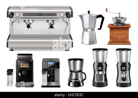 Haushaltsküchengeräte-Set. Kaffeemaschine, Perkolator-Kaffeekocher, professionelle Kaffeemaschine, Siphon-Kaffee, Retro-Kaffeemühle, Kaffee absaugen Stock Vektor