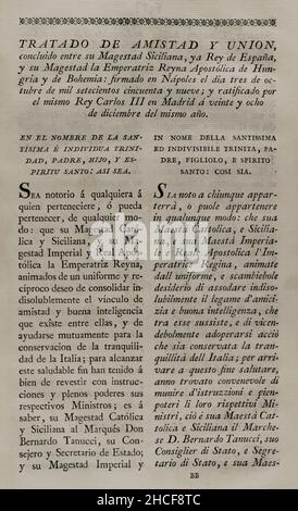 „Vertrag von Neapel (1759). Am 3. Oktober 1759 wurde in Neapel ein Vertrag zwischen der spanischen Krone, den beiden Sizilien und der Kaiserin von Österreich unterzeichnet, durch den die Thronfolge von Neapel und den beiden Sizilien an Ferdinand, den dritten Sohn des spanischen Königs Karl III., verliehen wurde. Sammlung der Verträge über Frieden, Allianz und Handel, die von der spanischen Krone mit den ausländischen Mächten angepasst wurden (Colección de los Tratados de Paz, Alianza, Comercio ajustados por la Corona de España con las Potencias Extranjeras). Band III Madrid, 1801. Historische Militärbibliothek von Barcelona, Katalonien, Spanien. Stockfoto