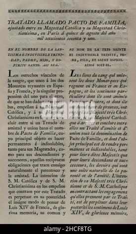 Vertrag von Paris (III Family Compact). Vertrag zwischen König Karl III. Von Spanien und König Ludwig XVI. Von Frankreich, unterzeichnet in Paris am 15. August 1761. Es bedeutete Spaniens Beteiligung an der letzten Phase des Siebenjährigen Krieges (1756-1763), mit dem Ziel, Menorca und Gibraltar zurückzugewinnen und Frankreich gegen England zu unterstützen. Sammlung der Verträge über Frieden, Allianz und Handel, die von der spanischen Krone mit den ausländischen Mächten angepasst wurden (Colección de los Tratados de Paz, Alianza, Comercio ajustados por la Corona de España con las Potencias Extranjeras). Band III Madrid, 1801. Historischer Militärbibliothekar Stockfoto