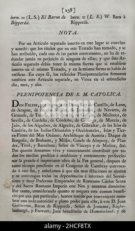 Friedensvertrag zwischen dem König von Spanien Philipp V. und dem Heiligen Römischen Kaiser Karl VI. Am 7. Juni 1725 in Wien abgeschlossen; am 24. Juli dieses Jahres von Philipp V. in San Ildefonso ratifiziert. Vollmacht von Philip V. Sammlung der Friedensverträge, Allianz, Handel, angepasst von der Krone Spaniens mit den ausländischen Mächten (Colección de los Tratados de Paz, Alianza, Comercio ajustados por la Corona de España con las Potencias Extranjeras). Band II. Madrid, 1800. Historische Militärbibliothek von Barcelona, Katalonien, Spanien. Stockfoto