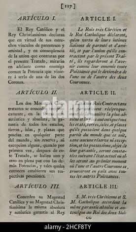 Vertrag von Paris (III Family Compact). Vertrag zwischen König Karl III. Von Spanien und König Ludwig XVI. Von Frankreich, unterzeichnet in Paris am 15. August 1761. Es bedeutete Spaniens Beteiligung an der letzten Phase des Siebenjährigen Krieges (1756-1763), mit dem Ziel, Menorca und Gibraltar zurückzugewinnen und Frankreich gegen England zu unterstützen. Artikel I und II Sammlung der Verträge über Frieden, Allianz und Handel, die von der spanischen Krone mit den ausländischen Mächten angepasst wurden (Colección de los Tratados de Paz, Alianza, Comercio ajustados por la Corona de España con las Potencias Extranjeras). Band III Madrid, 1801. Histori Stockfoto