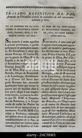 „Vertrag von Versailles“ (1783). Endgültiger Friedensvertrag, der am 3. September 1783 in Versailles unterzeichnet wurde, zwischen Großbritannien, den Vereinigten Staaten, Frankreich und Spanien. Es bedeutete das Ende des amerikanischen Unabhängigkeitskrieges. Sammlung der Verträge über Frieden, Allianz und Handel, die von der spanischen Krone mit den ausländischen Mächten angepasst wurden (Colección de los Tratados de Paz, Alianza, Comercio ajustados por la Corona de España con las Potencias Extranjeras). Band III Madrid, 1801. Historische Militärbibliothek von Barcelona, Katalonien, Spanien. Stockfoto