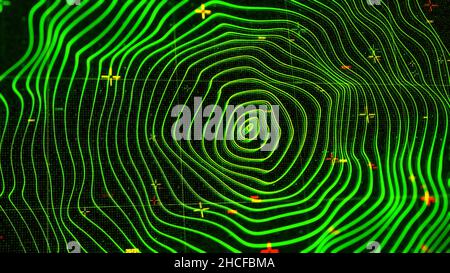 Konzentrische grüne Ringe, die sich auf dem schwarzen Bildschirmhintergrund bewegen. Abstraktes Radar- oder Sonarprogramm, wellige Neontextur, nahtlose Schleife. Stockfoto