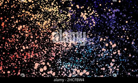 Viele blaue, gelbe, rote, fliederfarbene rotierende Partikel im Weltraum auf schwarzem Hintergrund. Bunte Wolke von kleinen Kreisen drehen, nahtlose Schleife. Stockfoto
