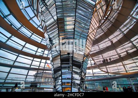 Berlin, Deutschland - Januar 2014: Glaskuppel auf dem Reichstag. Die Reichstagskuppel ist eine Glaskuppel, die auf der Spitze des Stockfoto