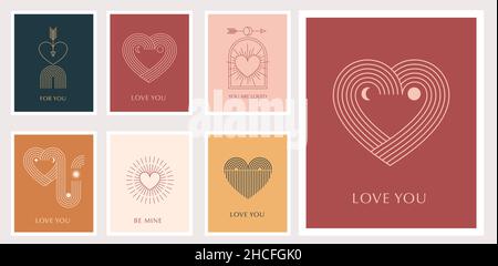 Minimalistische böhmische Grußkarten zum Valentinstag, Wandbilder. Herz, Lippen, Sonne und Regenbogen, Designvorlagen, geometrisches abstraktes Design Stock Vektor