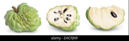 Zucker Apfel oder Pudding Apfel isoliert auf weißem Hintergrund mit Clipping Pfad und volle Tiefe des Feldes. Exotische tropische Thai annona oder Cherimoya Frucht Stockfoto