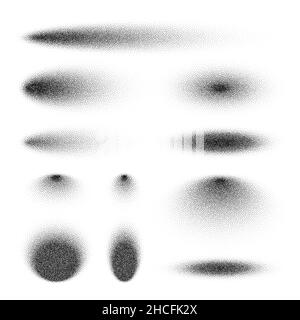 Gestrichelte Schatten, gepunktete Designelemente. Verblassender Verlauf. Stippeln, Dotwork-Zeichnen, Schattierung mit Punkten. Pixelzerfall, Halbtoneffekt Stock Vektor