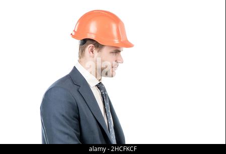 Wertsteigerisches Engineering. Profilportrait des Ingenieurs. Seitenwand des Bauingenieurs. Baumann Stockfoto