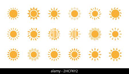 Symbolvektor für gelbe Sonne eingestellt. Sommer, Wärme-Symbol isoliert auf weißem Hintergrund Stock Vektor