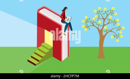 Frau, die auf einem Buch mit Eingangstür zum Wissen sitzt. Baum mit Glühbirnen. Vektorgrafik. Dimension 16:9. Stock Vektor