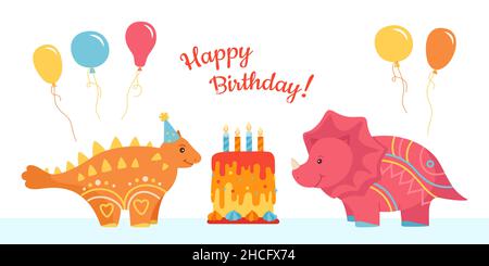 Happy Birthday Party, Dino und Kuchen Karte. Niedliche Dinosaurier Reptil kindliche Charakter Cartoon Überraschung Einladung. Wildtiere Raubtiere Dinosaurier prähistorische Eidechse. Kinder entwerfen Pflanzenfresser Vektor Stock Vektor